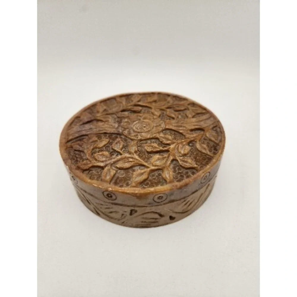 Vintage Carved Soapstone Hinged Round Trinket Jewelry‎ Keepsake Box With Lid